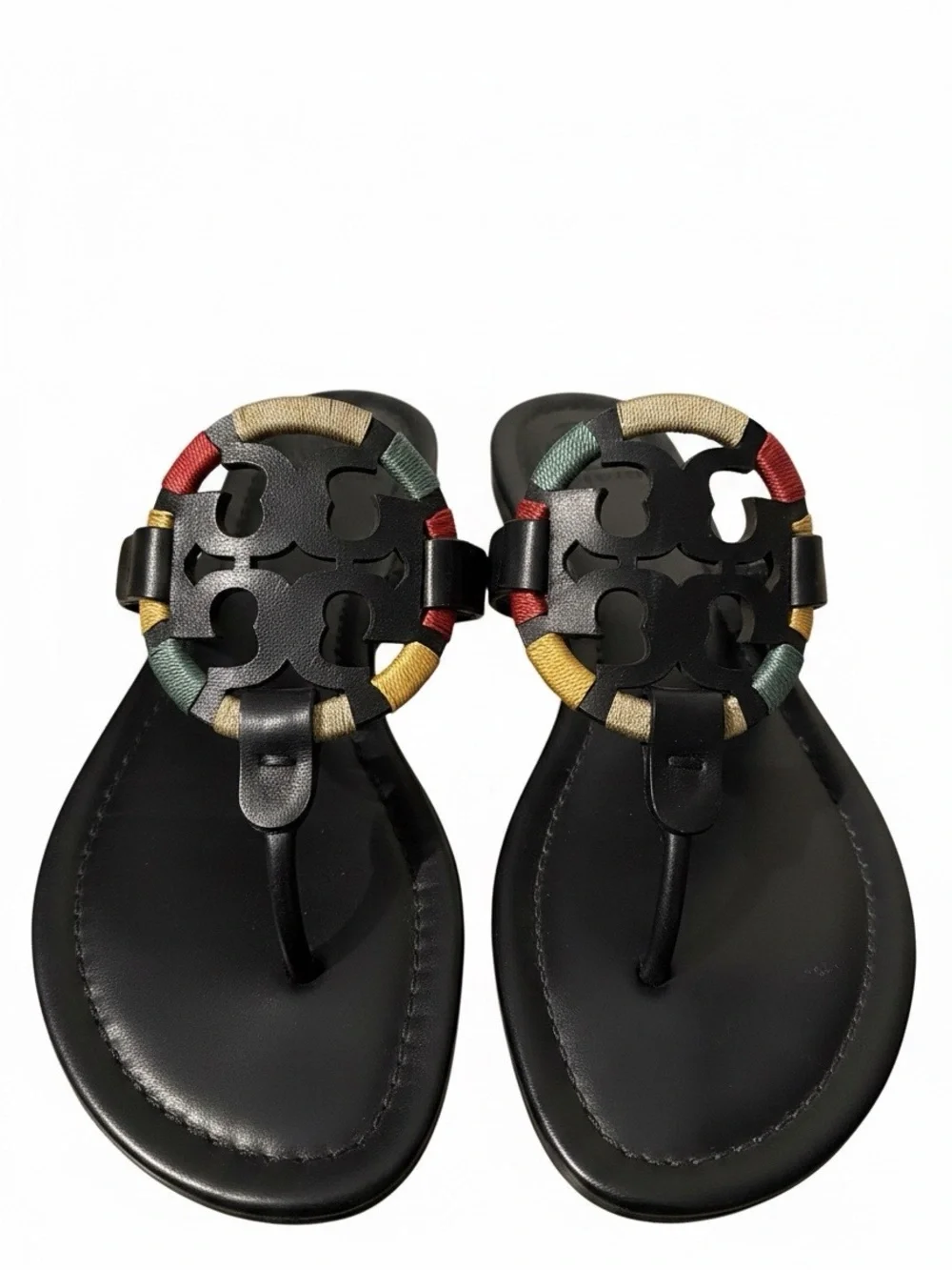 Tory Burch Black Leather Thong Sandals with Multicolor Braided Trim